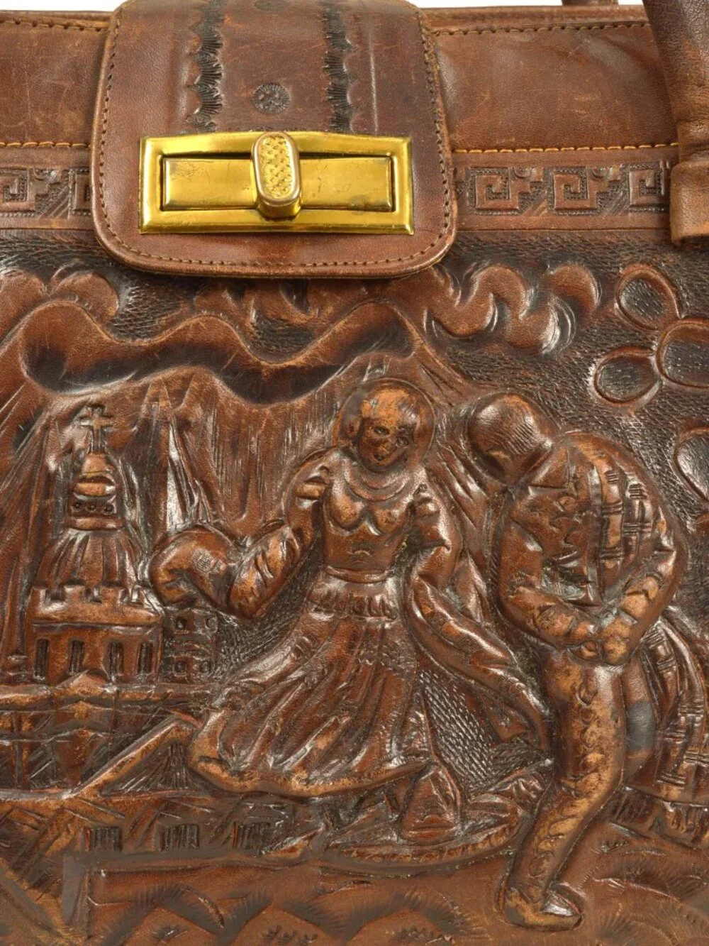 RARE! Mexican hand tooled vintage brown leather purse